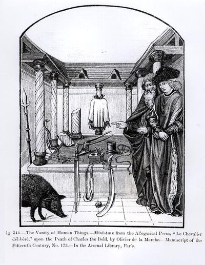De IJdelheid van Menselijke Dingen, uit Le Chevalier delibere, een allegorisch gedicht door Olivier de la Marche over de dood van Karel de Stoute (1433-77) illustratie uit Wetenschap en Literatuur in de Middeleeuwen door French School